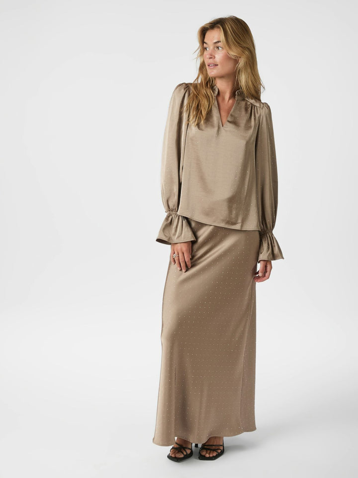 Amara Heavy Satin Bedaz Blouse  Dark Taupe