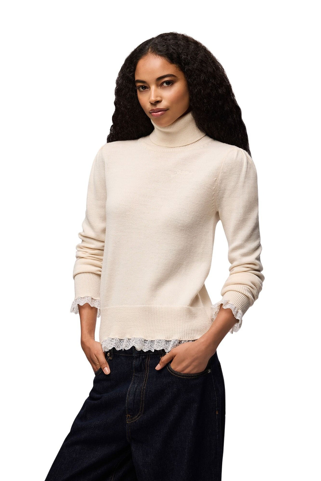 MERINO TURTLENECK W LACE DETAILS  Egret