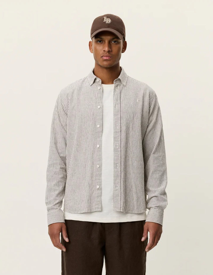 Konrad Stripe Cotton Linen Shirt  Teak Brown