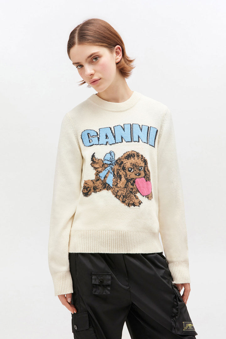 Graphic Wool Mix Fluffy Puppy Love Crewneck  Egret