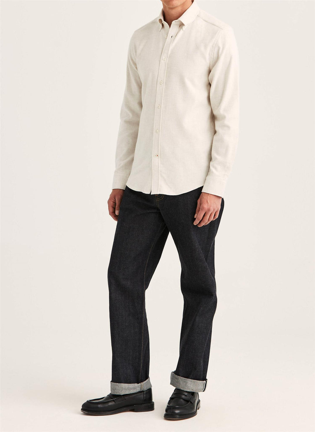 Flannel Herringbone Shirt-Slim Fit Off White