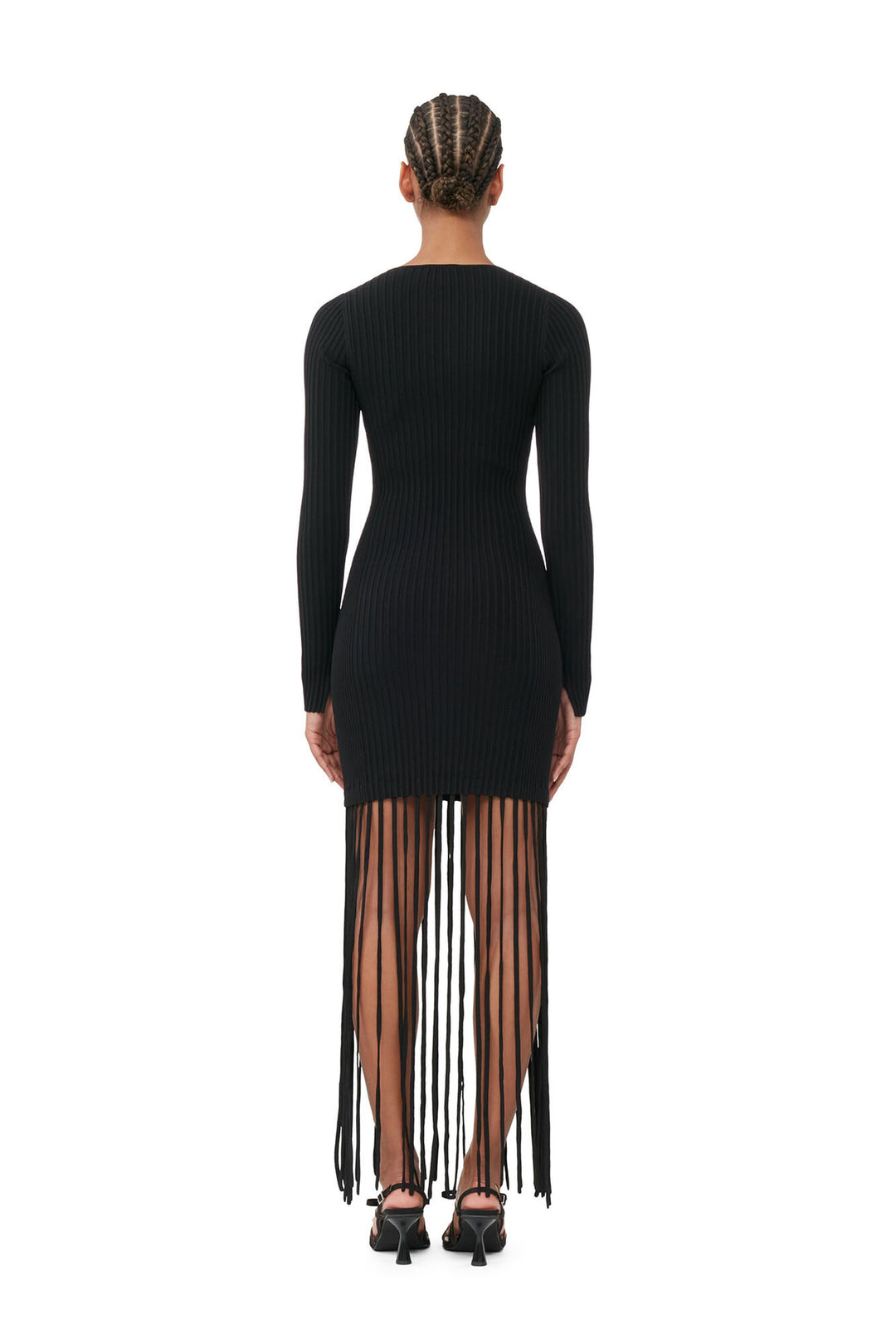 MELANGE KNIT FRINGE MINI DRESS  Black