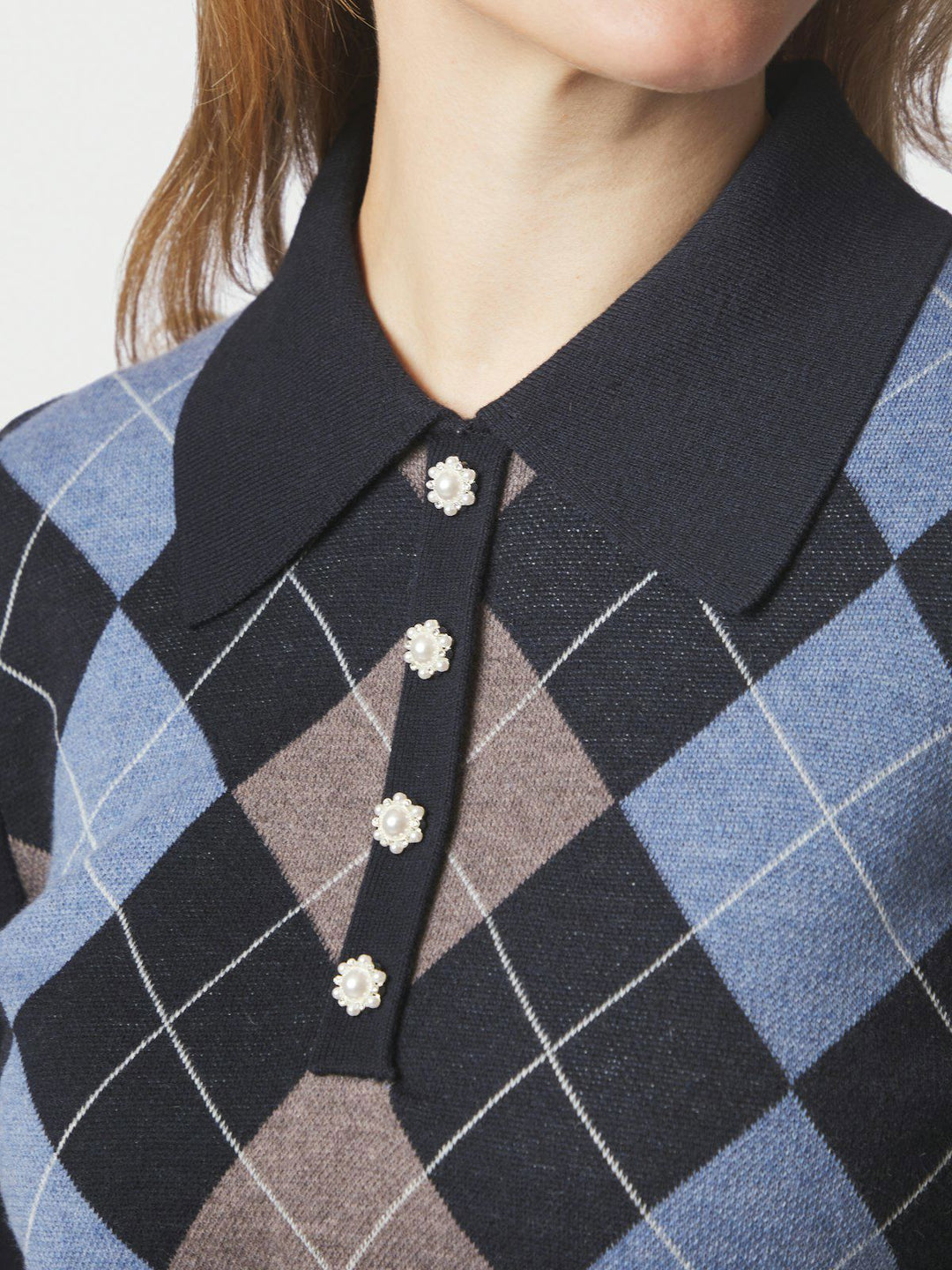 Julina Check Knit Blouse  Navy