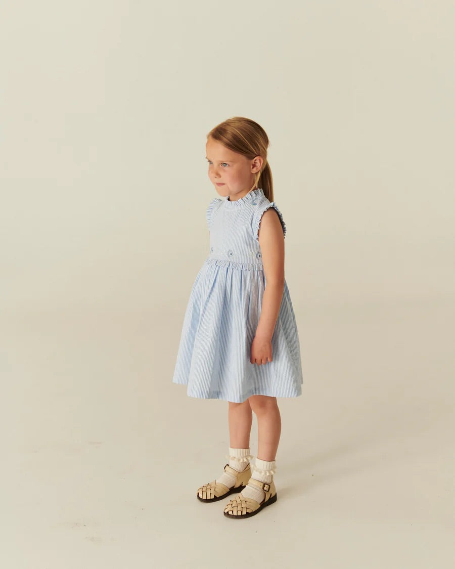 SEERSUCKER DRESS W. RUFFLES AND EMB.  Sky Blue W Cream Stripe