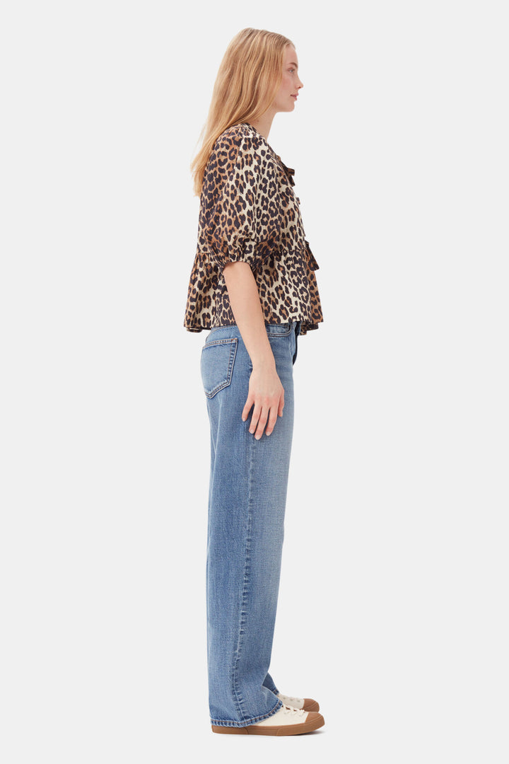 Printed Cotton Poplin Peplum Blouse  Leopard