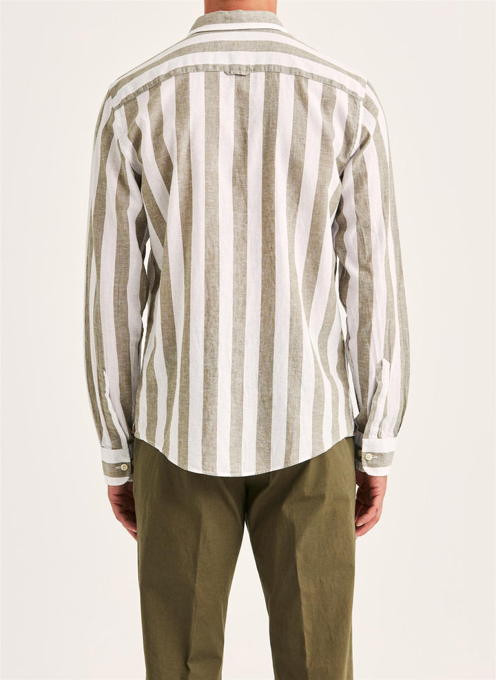 Douglas Linen Mix Stripe Shirt-Classic Fit  Olive