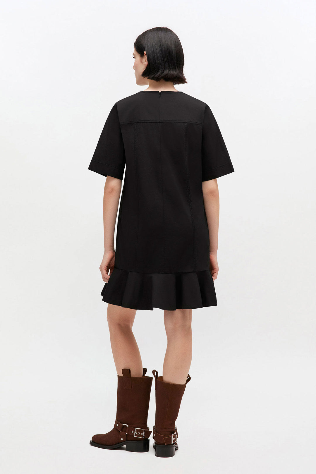 Stretch Cotton Mini Dress w. Frill  Black