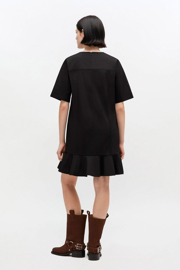Stretch Cotton Mini Dress w. Frill  Black