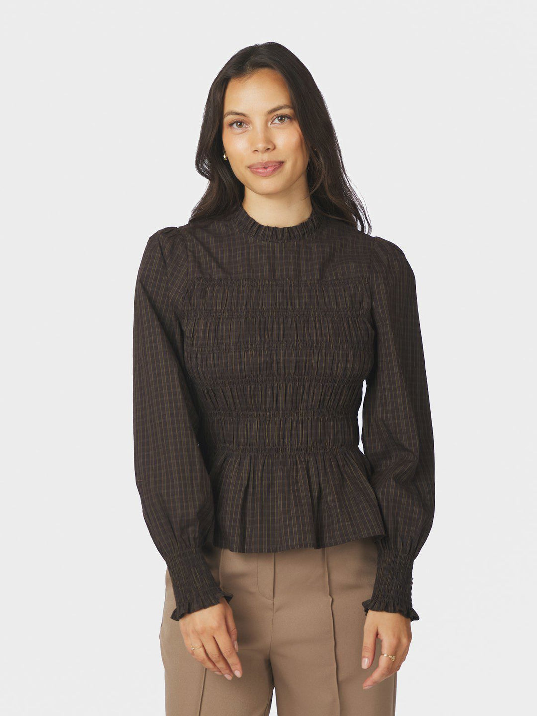 Possa Big Check Blouse Brown Check