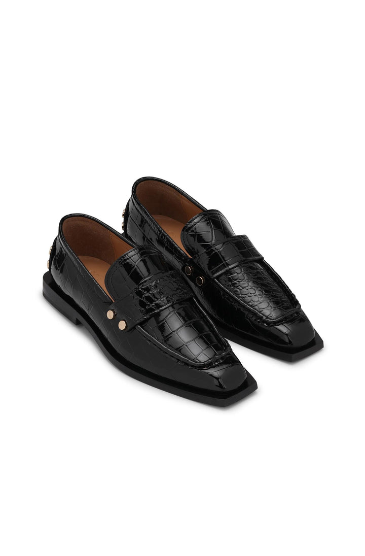 Studs Square Toe Loafer Shiny Croco  Black