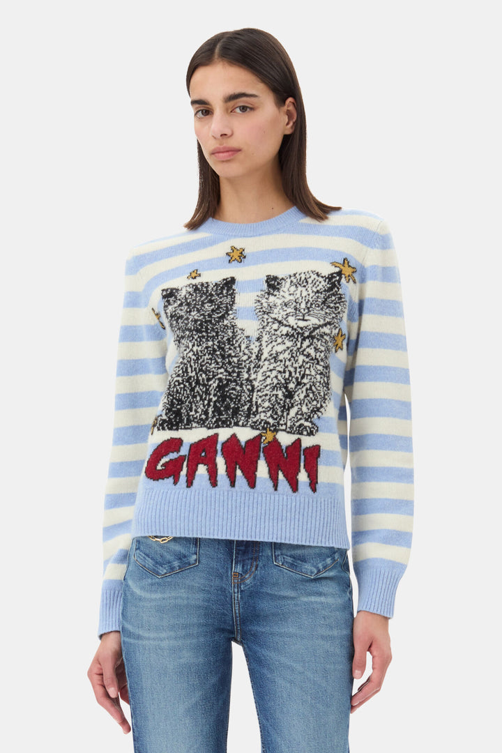 Striped Graphic Wool Mix Cats Crewneck  Illusion Blue