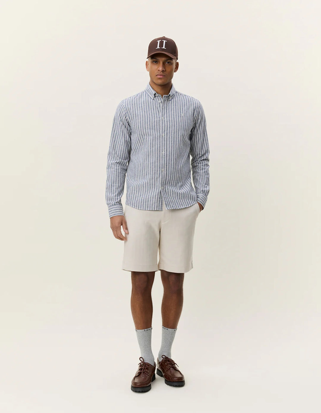 STRIPE COTTON LINEN SHIRT  Dark Denim Blue