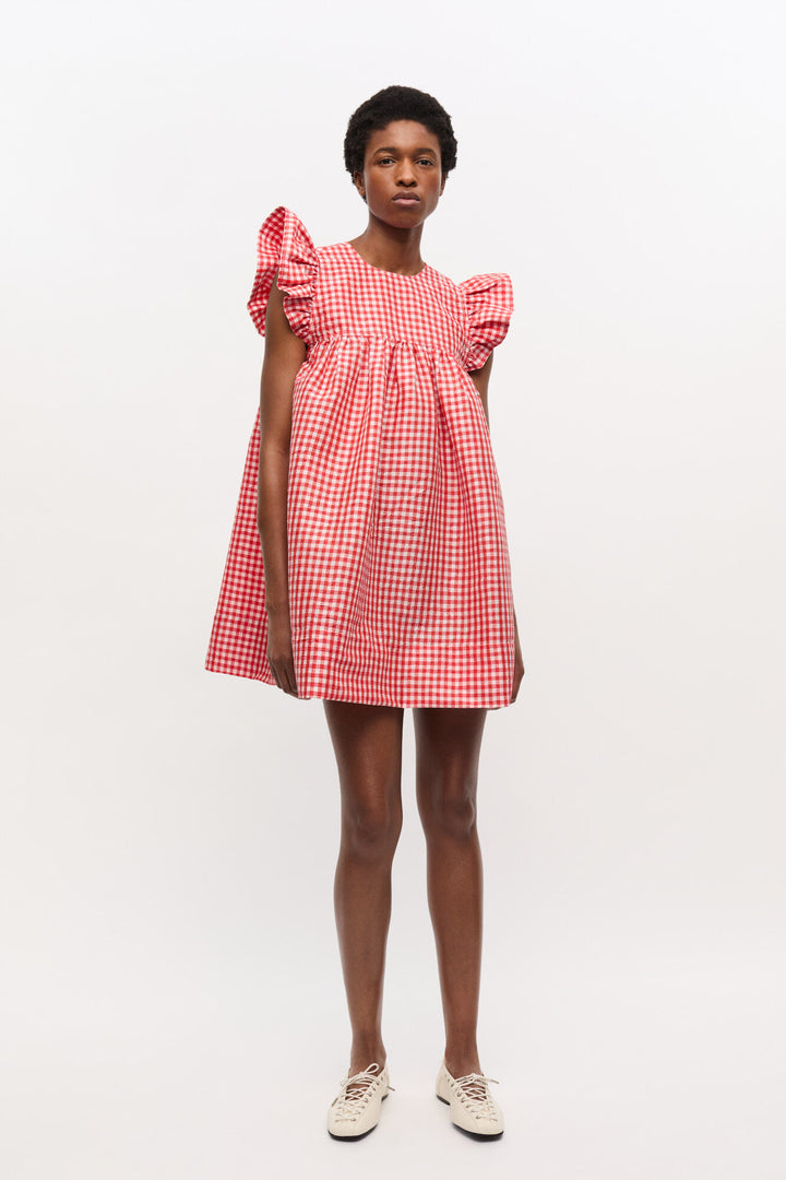 Crinkled Taffeta Check Frill Mini Dress  Red Alert