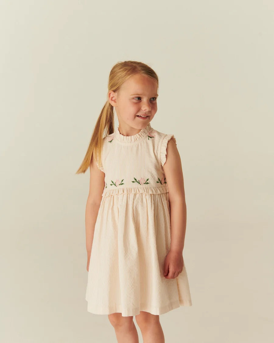 SEERSUCKER DRESS W. RUFFLES AND EMB.  Dusty Rose W Cream Stripe