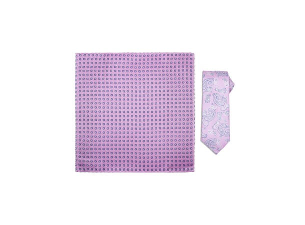Santi silkeslips+lommetørkle mønstret sett navy  Rosa