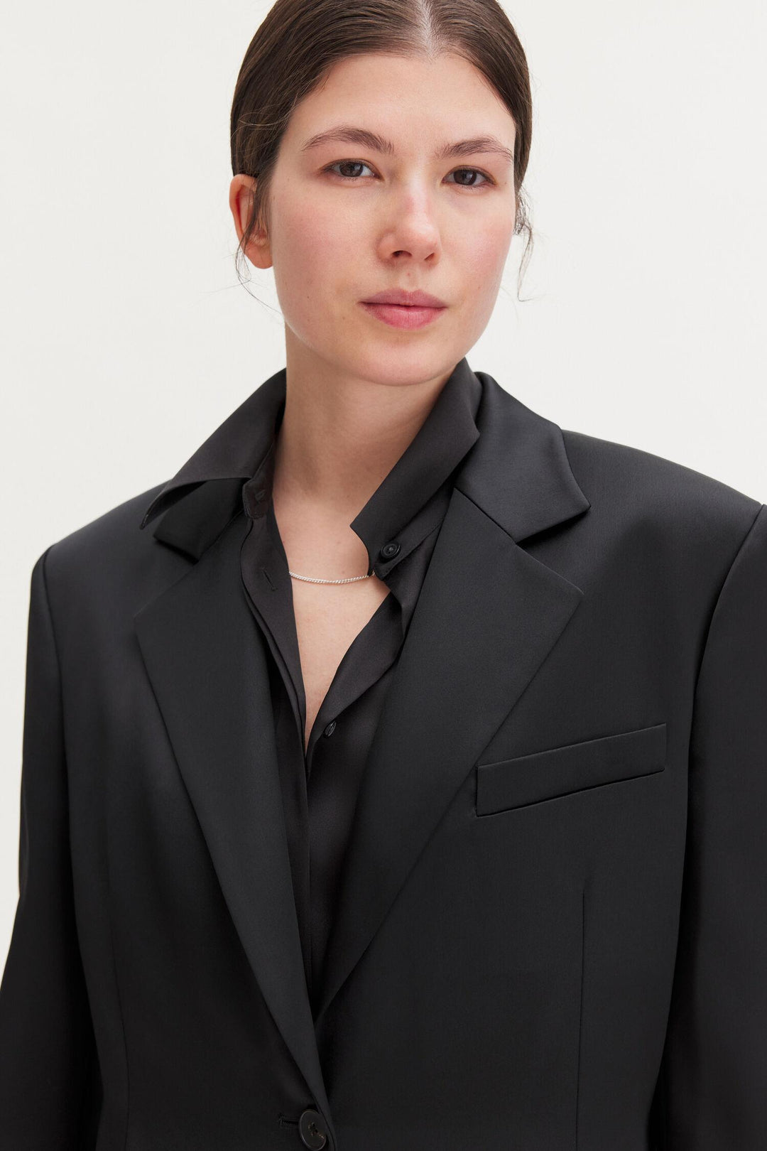 slit satin blazer Black