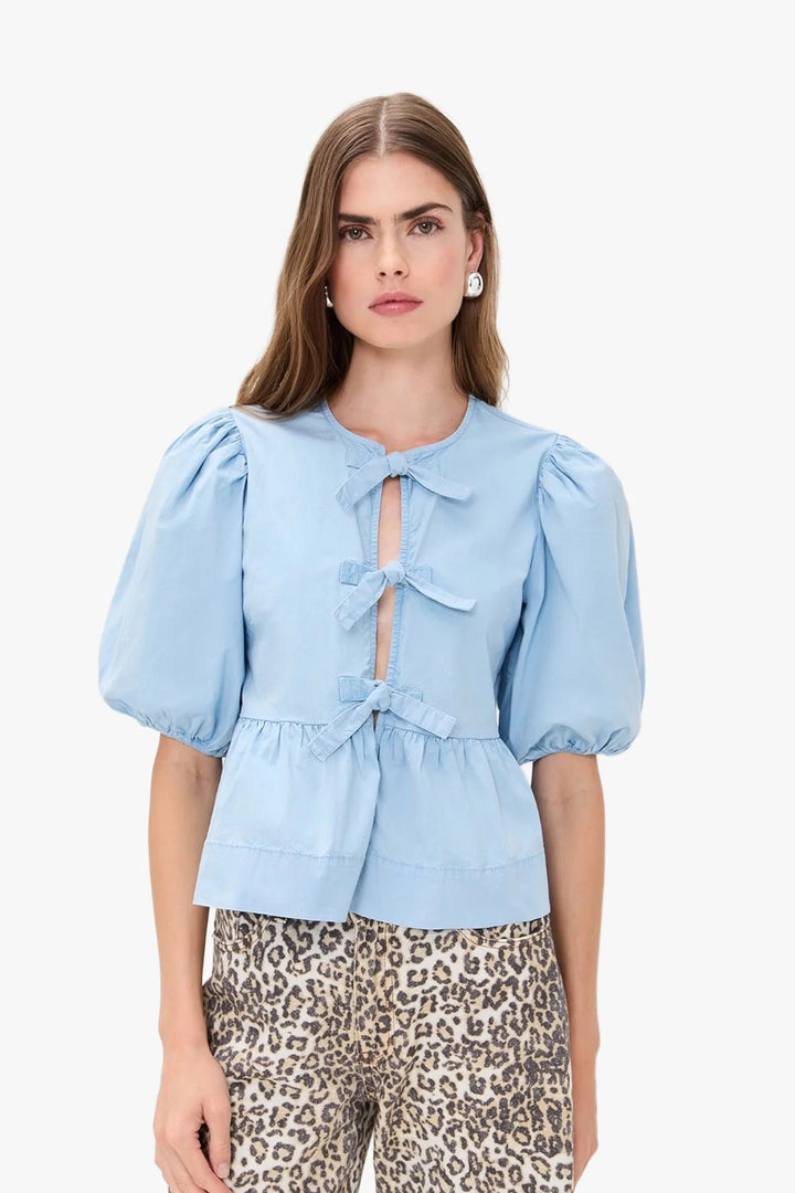 Washed Stretch Cotton Peplum Blouse  Soft Chambray