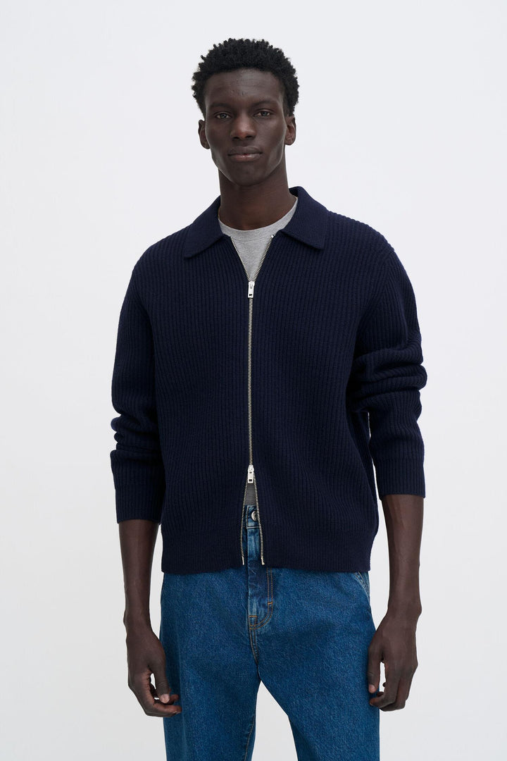 ribbed wool zip cardigan  Navy