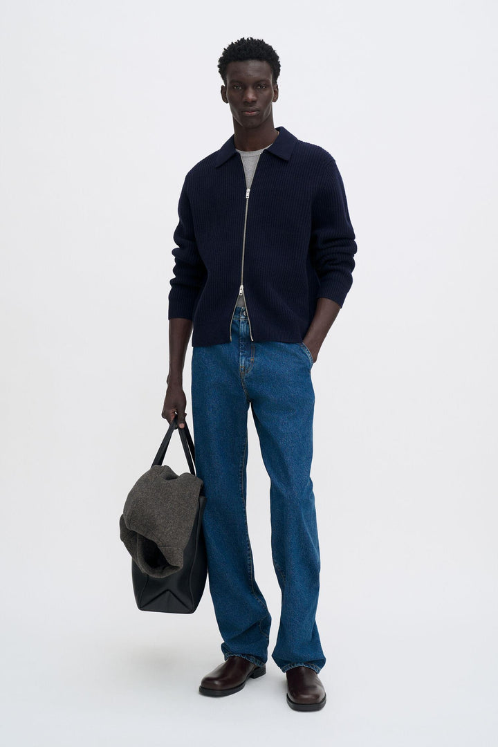 ribbed wool zip cardigan  Navy