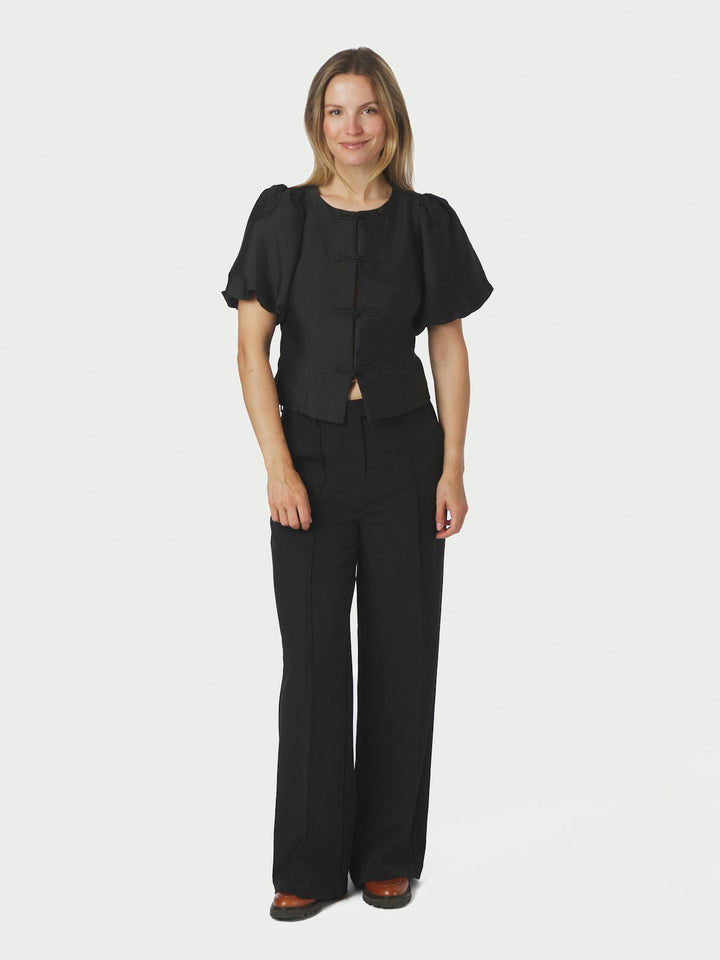 Anela Mandarin Dull Satin Blouse Black
