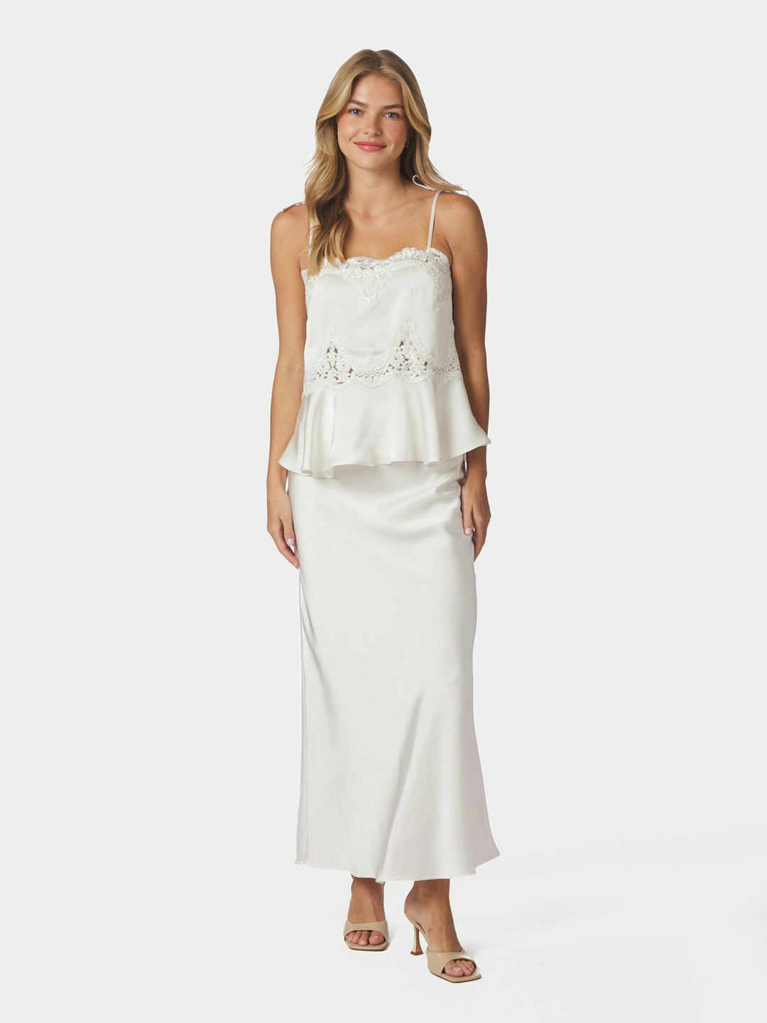 Kaela Heavy Sateen Lace Top  Pearl
