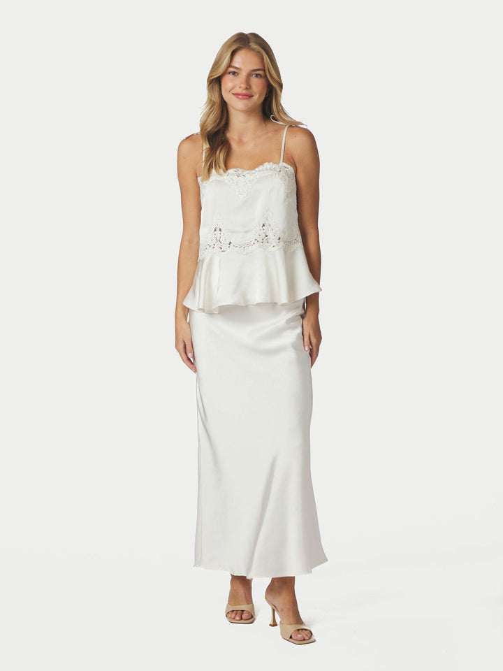 Kaela Heavy Sateen Lace Top  Pearl