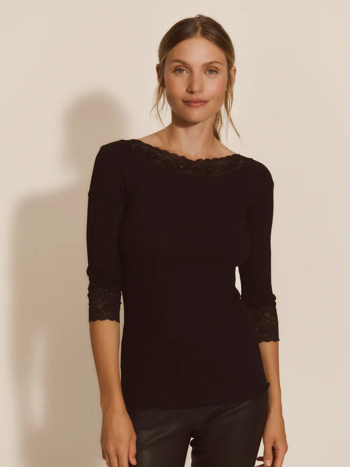 RWBeatha Silk 3/4 Sleeve Boatneck Lace T-shirt  Black