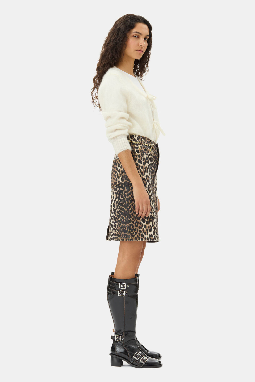 Foil Print Denim Skirt  Leopard