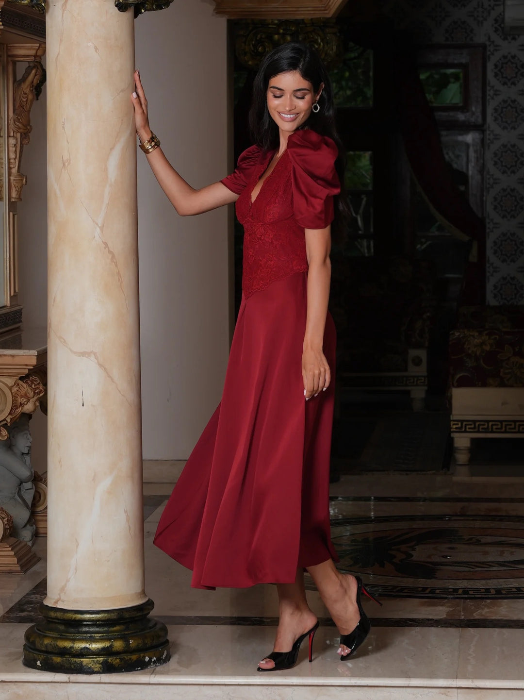 FRANCIS LACE MIDI DRESS  Red