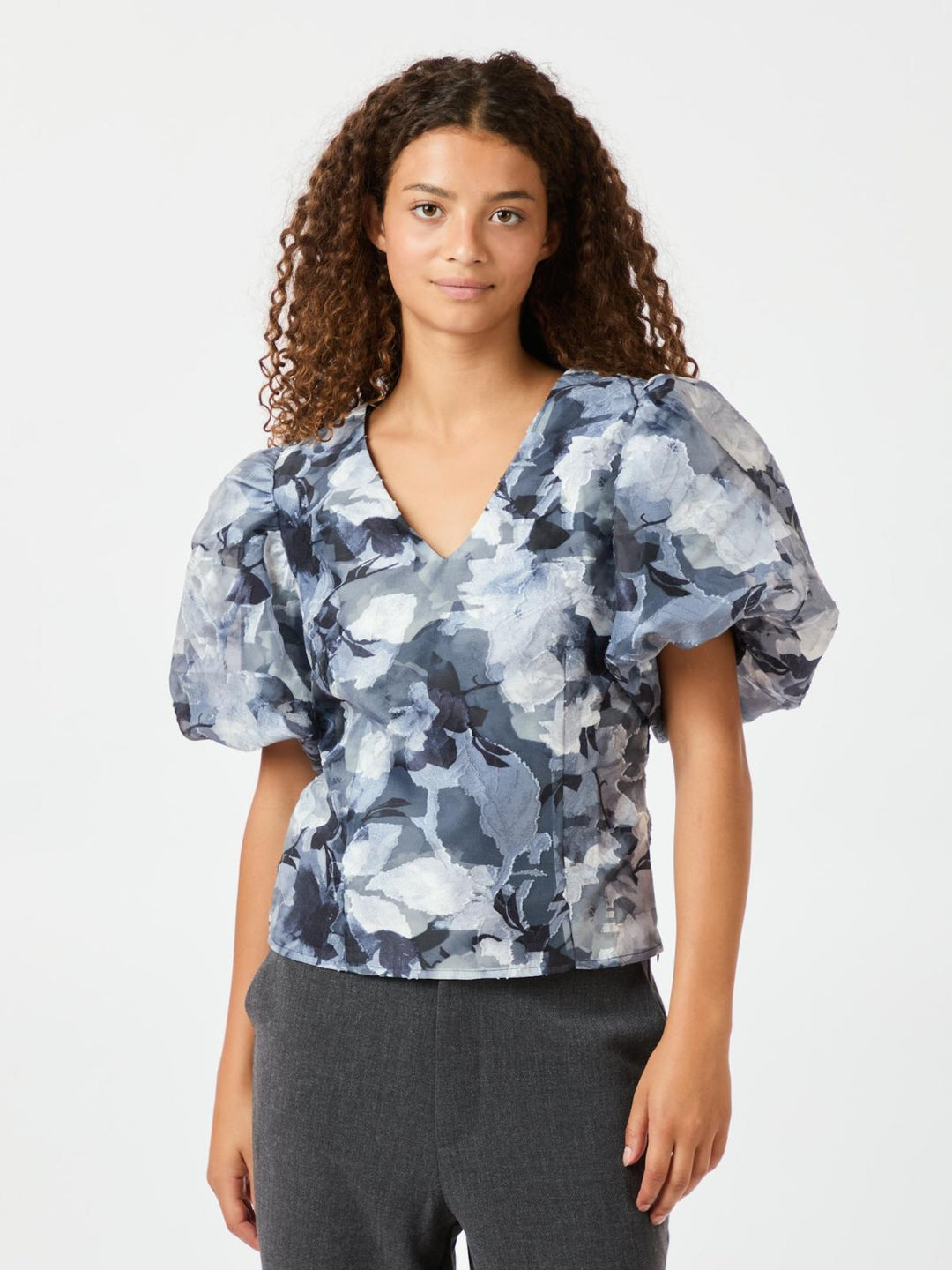 Camia Brocade Floral Blouse  Floral Grey