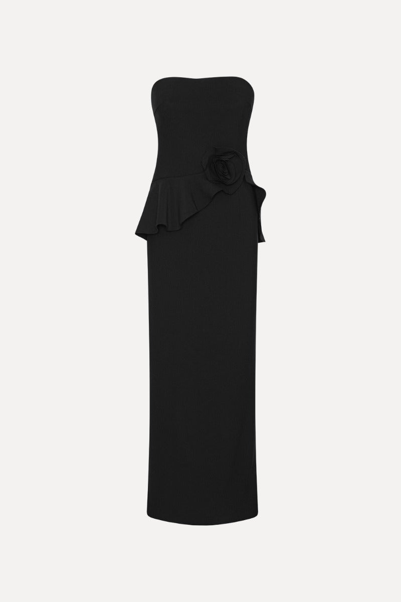 LONG FLOWER STRAPLESS DRESS  Black