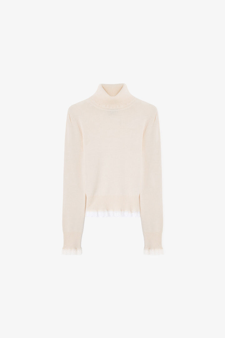 MERINO TURTLENECK W LACE DETAILS  Egret