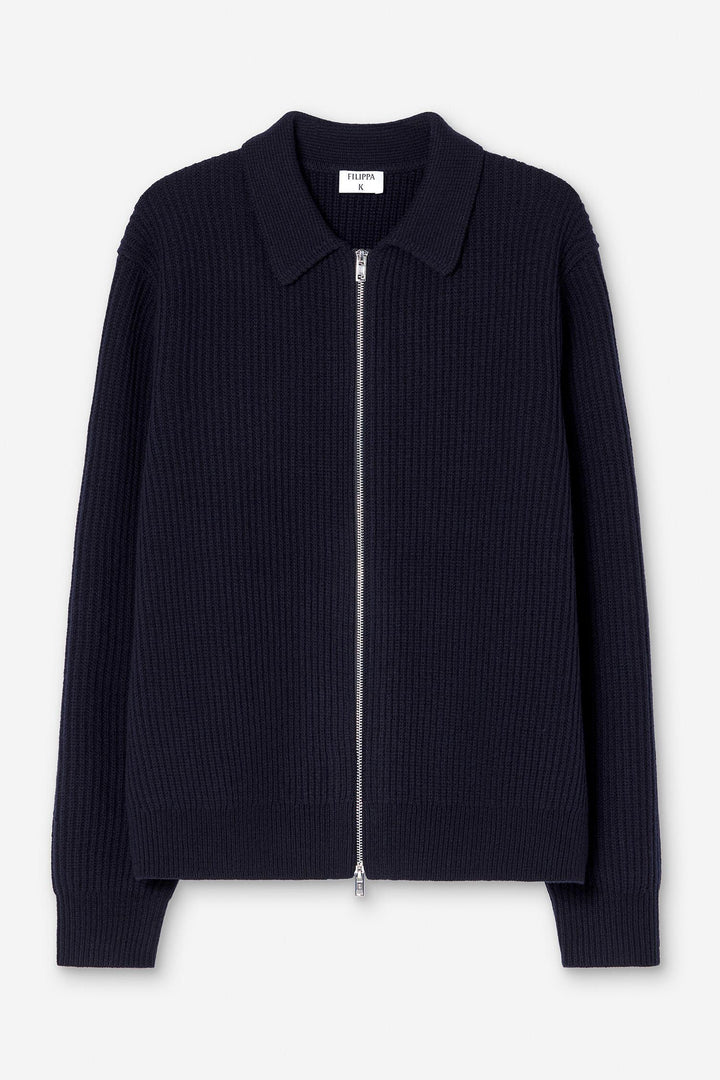 ribbed wool zip cardigan  Navy