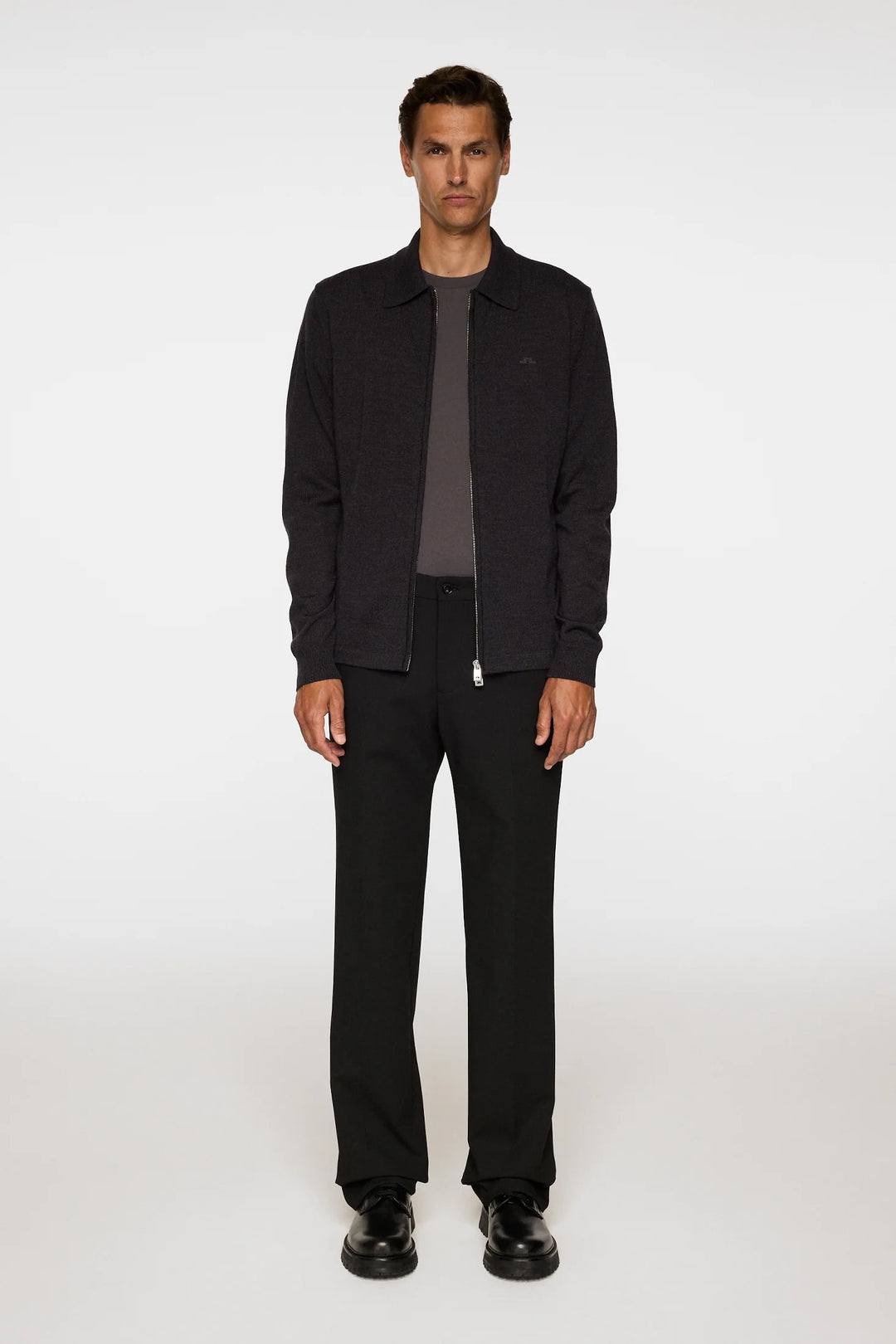 Kaleb Merino Zip Cardigan  Dark Grey Melange
