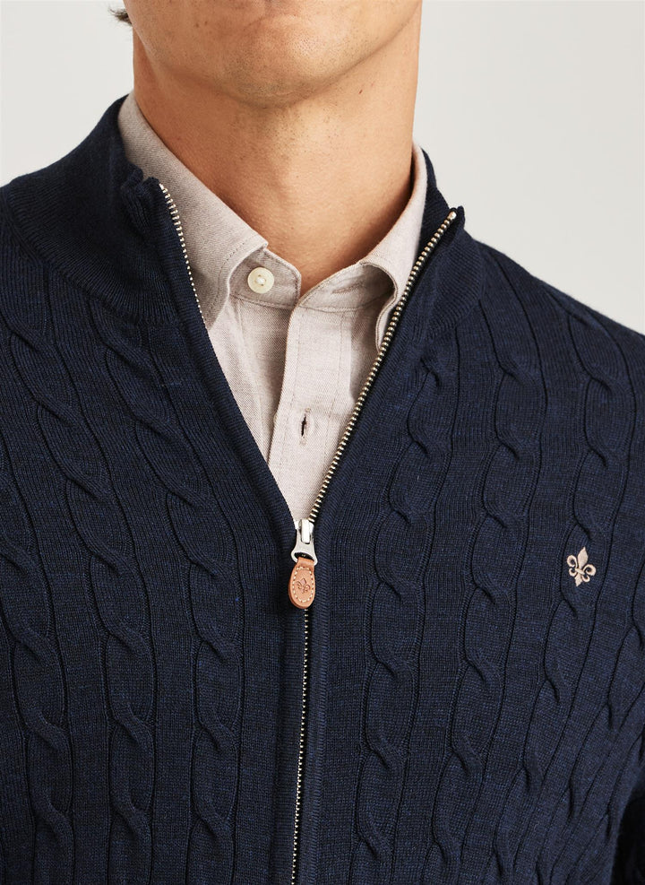 Merino Cable Zip Cardigan  Navy
