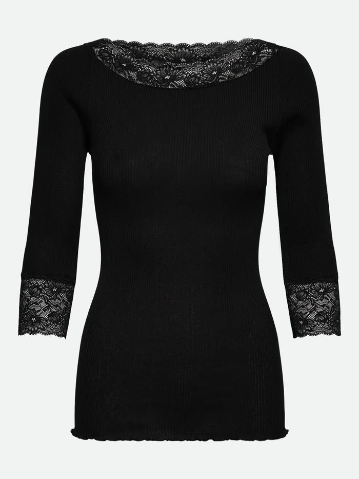 RWBeatha Silk 3/4 Sleeve Boatneck Lace T-shirt  Black