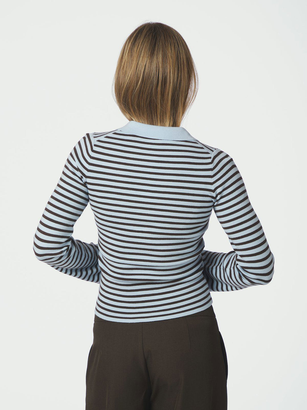 Fannya Ls Striped Knit Polo  Light Blue Stripe