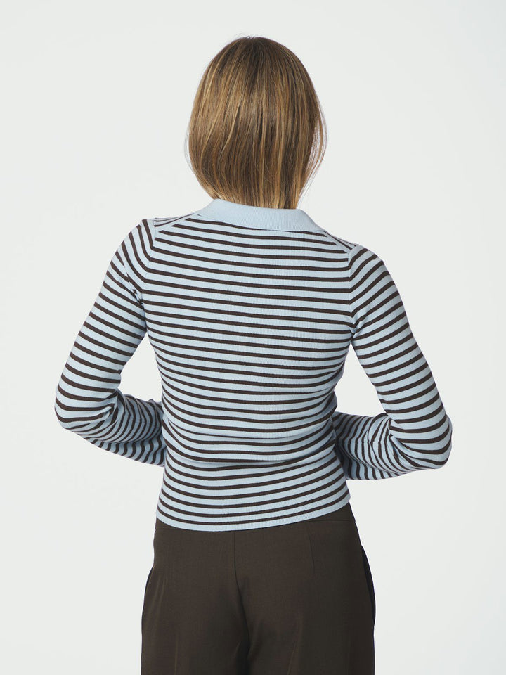 Fannya Ls Striped Knit Polo  Light Blue Stripe