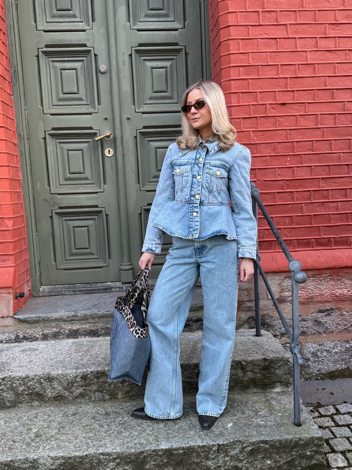 Rigid Denim Padded Peplum Jacket  Mid Blue Vintage