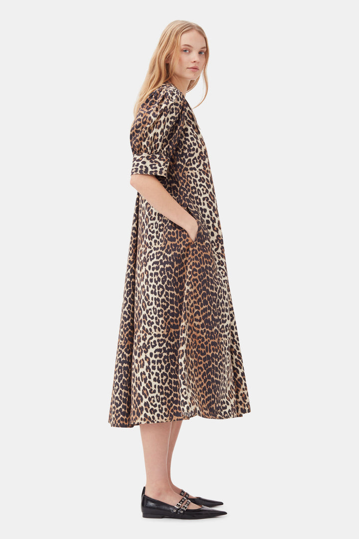 Printed Cotton Poplin V-neck Long Dress  Leopard