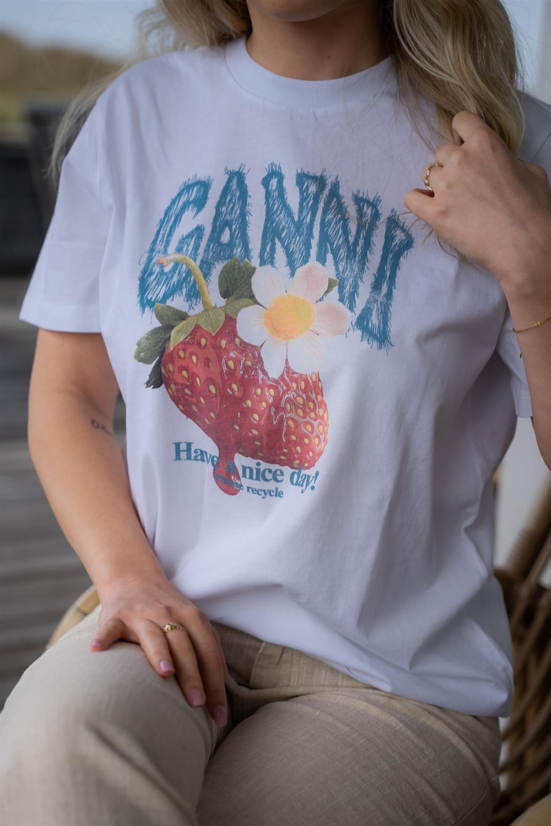 Cotton Jersey Strawberry Print  Bright White