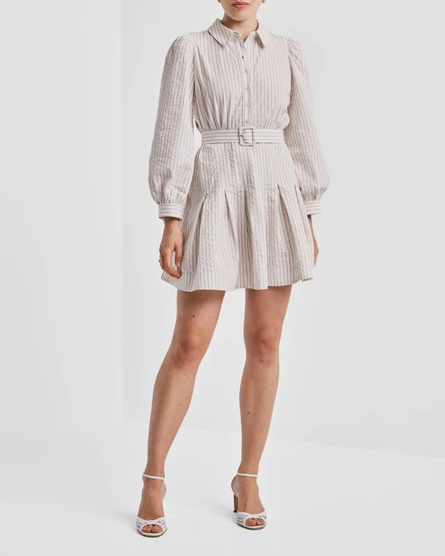 Seersucker Pleated Dress  Khaki Stripe