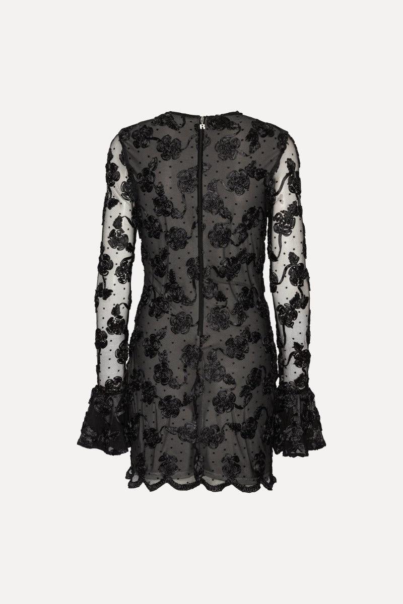 FLOWER MESH LS MINI DRESS  Black