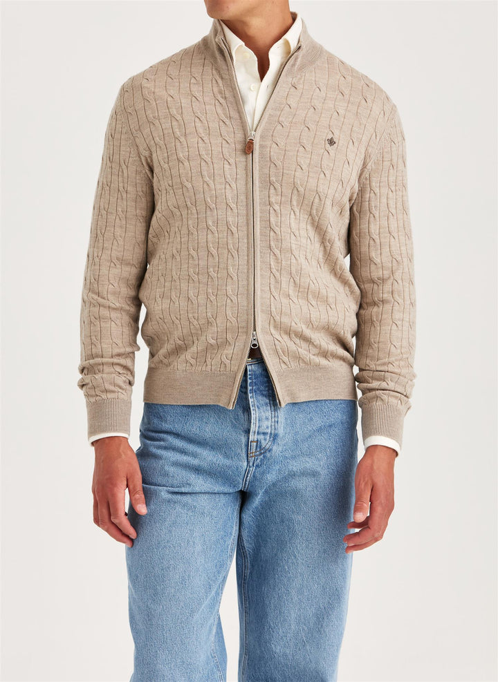 Merino Cable Zip Cardigan  Khaki