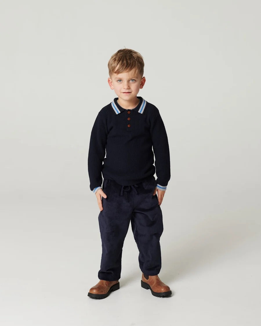 LONG-SLEEVED KNITTED WAFFLE POLO  Navy Comb