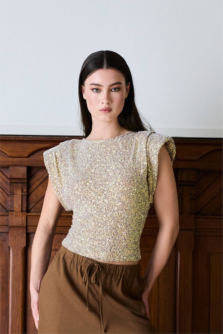 Sunset Sequin Top  Iridescent Beige