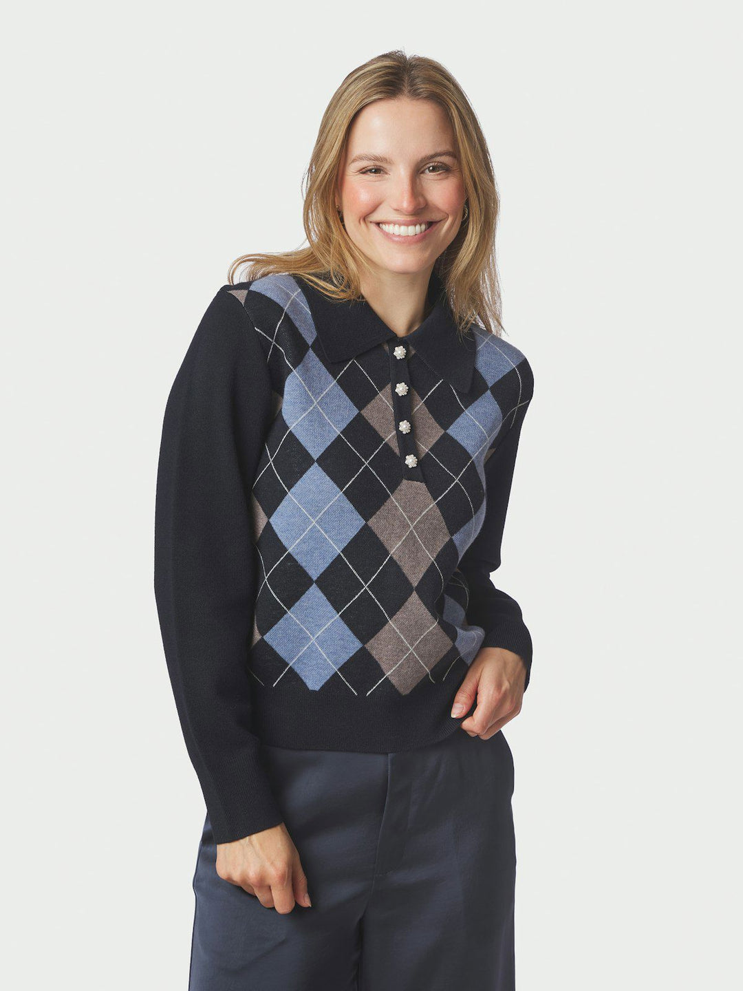 Julina Check Knit Blouse  Navy