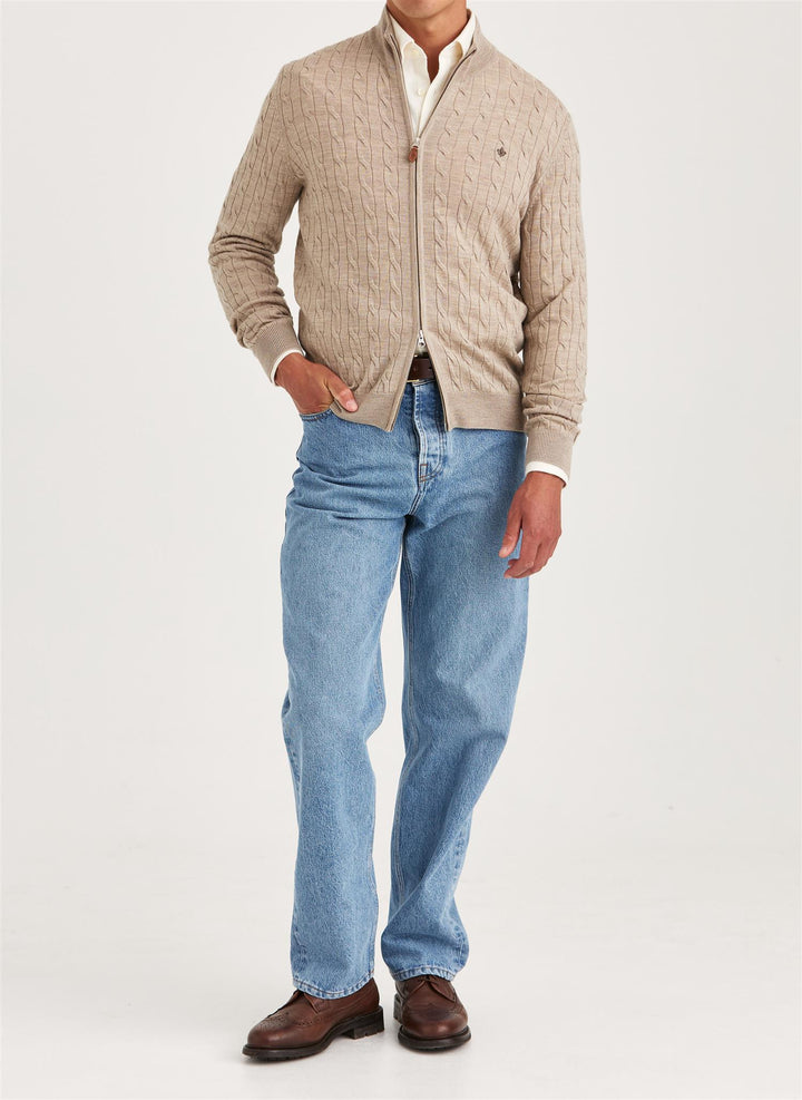 Merino Cable Zip Cardigan  Khaki