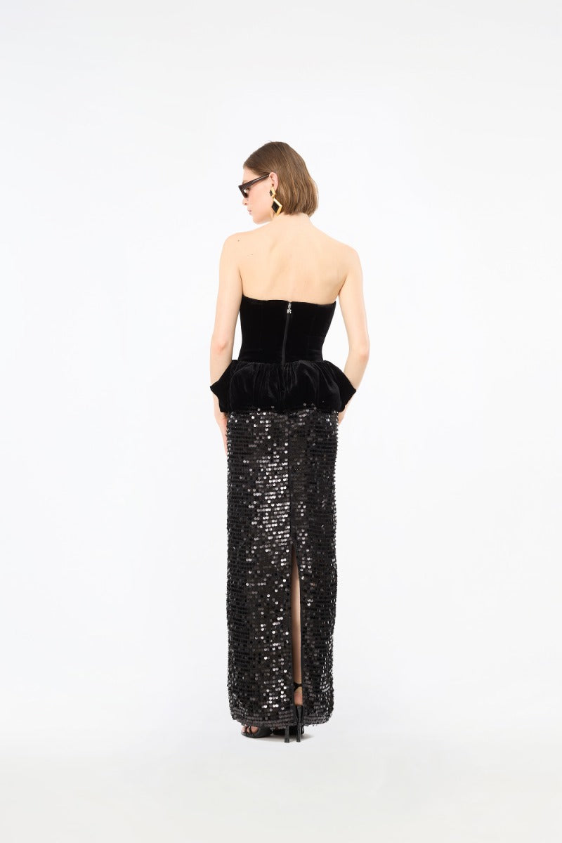 Sequins Maxi Peplum Dress  Black