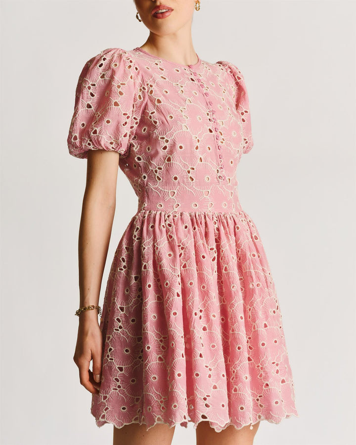 Broderie Anglaise Puffed Dress  Rose Pink